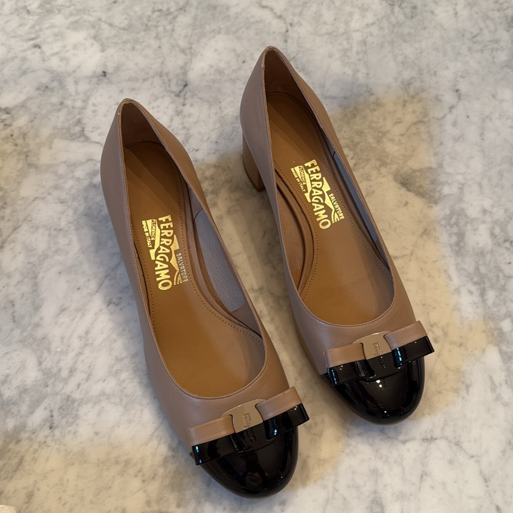 Ferragamo Tan and Black Pumps - Picture 3 of 5
